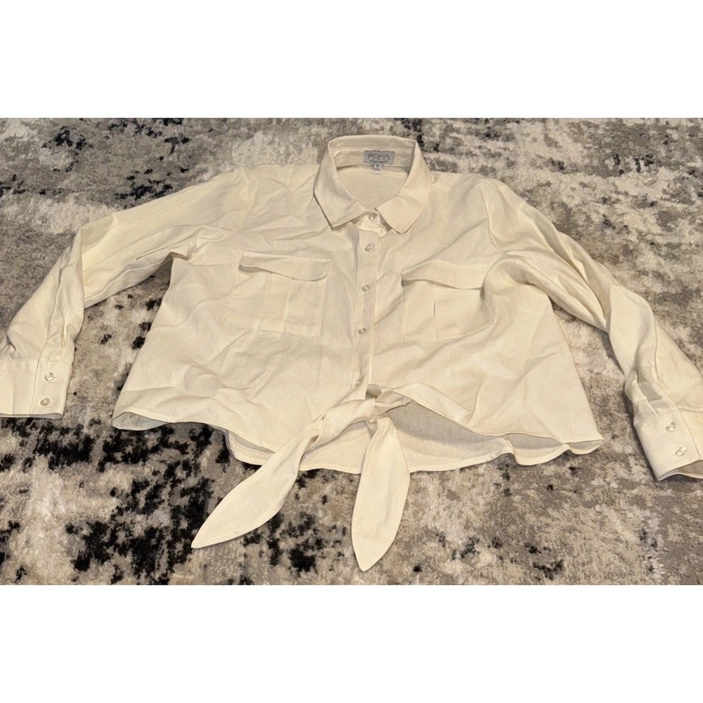 Sofia Vergara Womens Sz XL X-large Tie Front Button Up Linen Long Sleeve Shirt